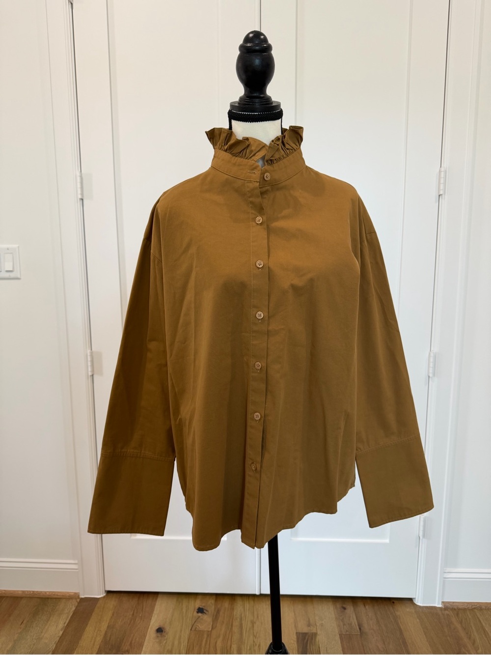 Heidi Houston Ruffle Collar Button Down Shirt Camel Brown Size Large L